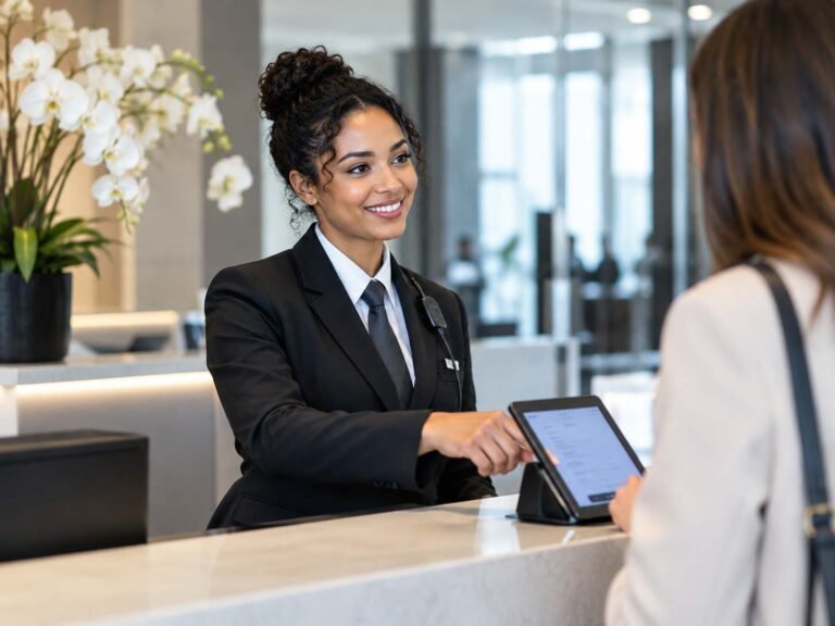 Professional front-of-house security officer managing visitor access at a London business reception