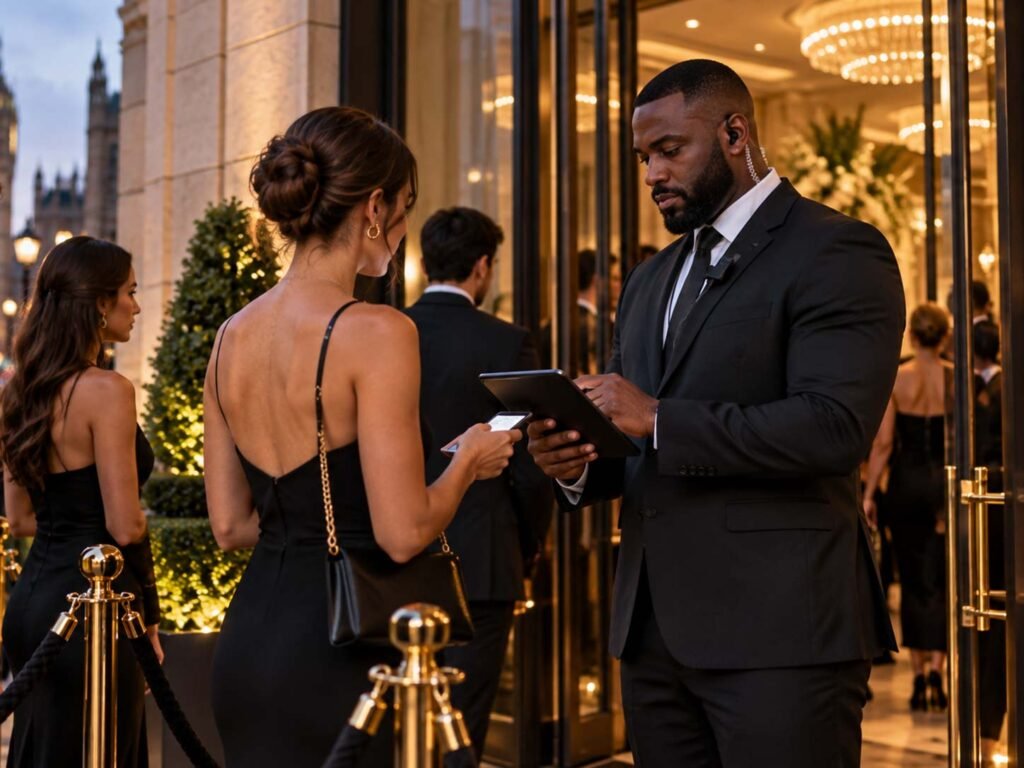 Professional event security officers managing access control and venue security at a London event
