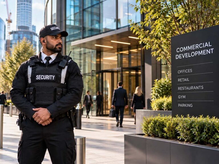 Professional security guard protecting a modern commercial development in London