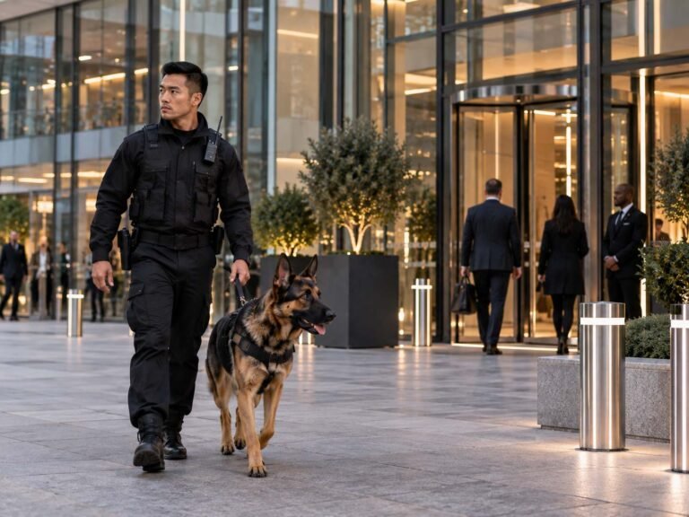 K9 security dog and handler patrolling outside a commercial premises in London
