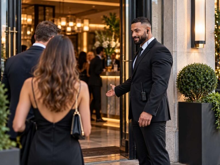 Professional door supervisor welcoming guests at a commercial premises in London