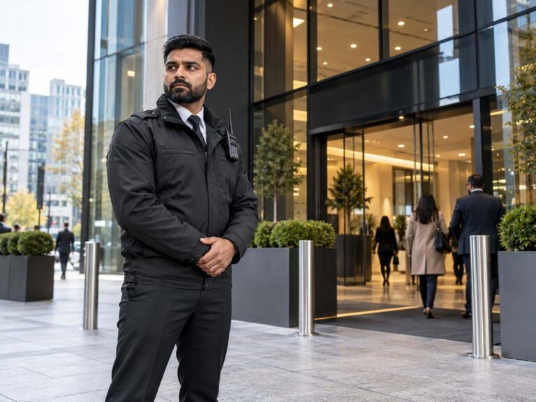 Professional security guard protecting a commercial premises in London