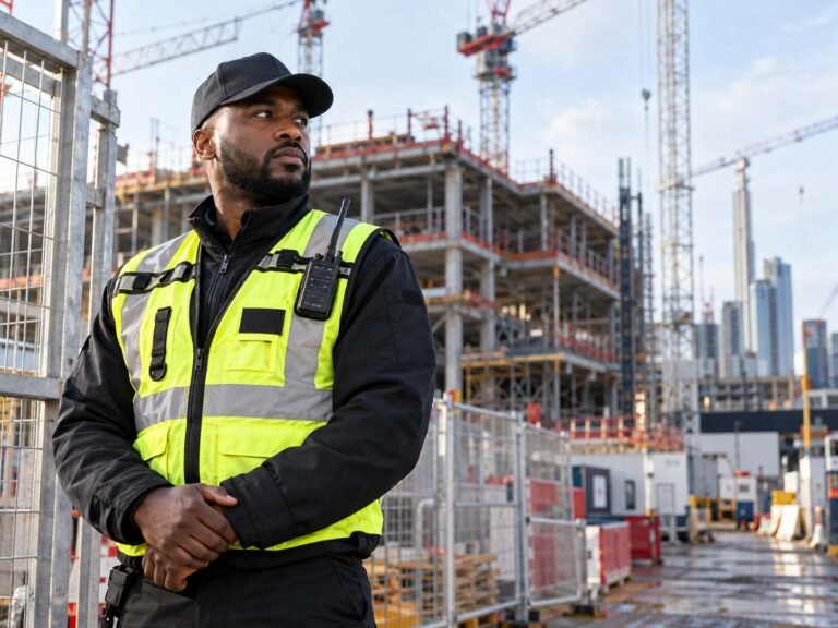 SIA Professional security guard controlling access at a construction site in London