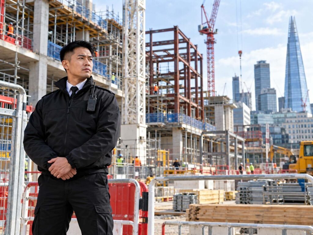 Asian security guard providing professional security at a construction site in London