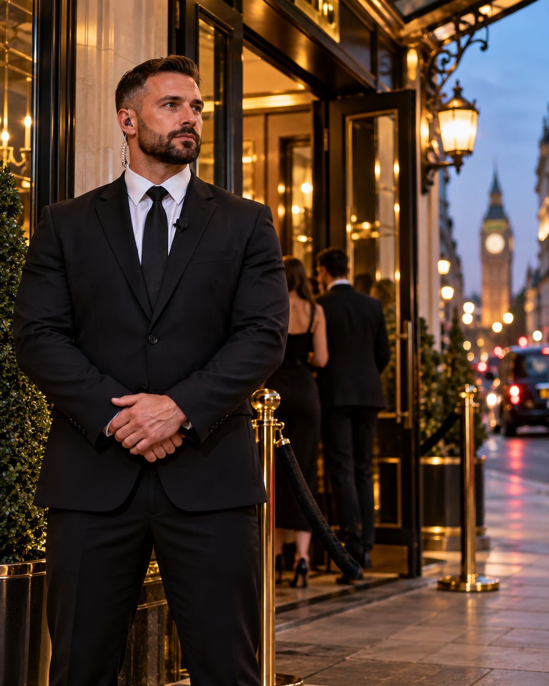 Professional door supervisor managing guest access at a luxury London hotel entrance