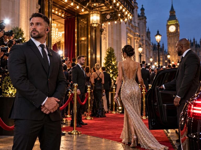 Professional event security officers providing security at a red-carpet entertainment event in London