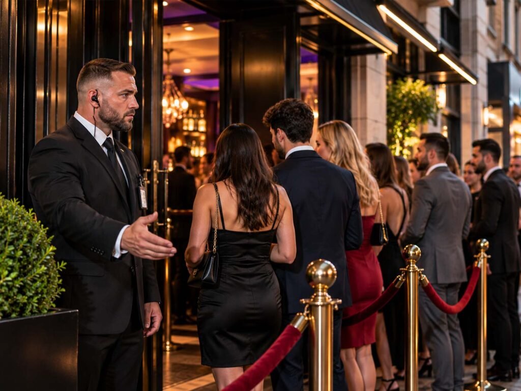 Professional door supervisor managing guest access and queues at a London hospitality venue