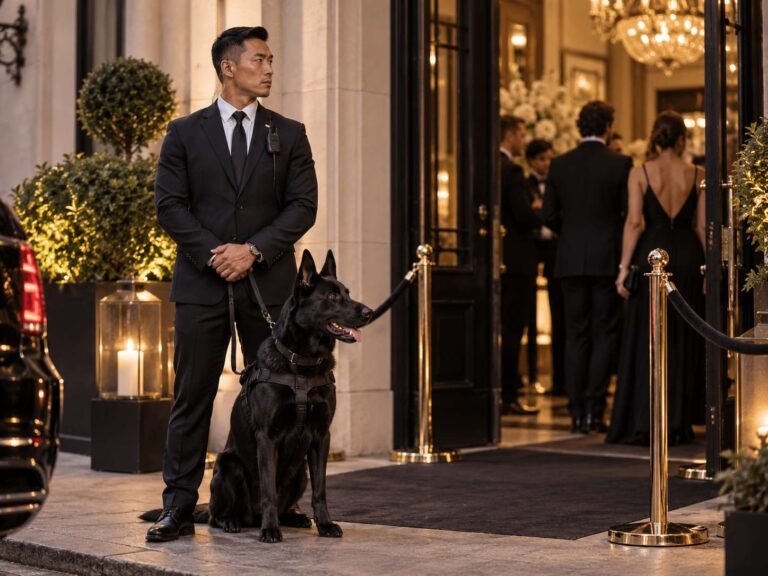K9 security handler and security dog providing event security at a luxury London venue