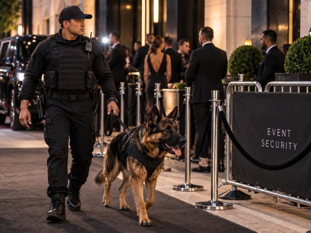 Asian security guard with a security dog patrolling at a VIP event in London