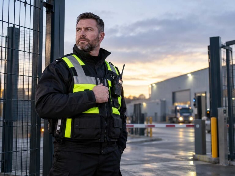 Alt: Professional manned security guard protecting an industrial site in London
