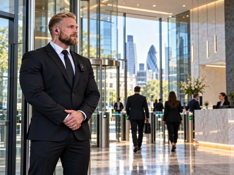 Professional door supervisor providing security inside a corporate office building in London