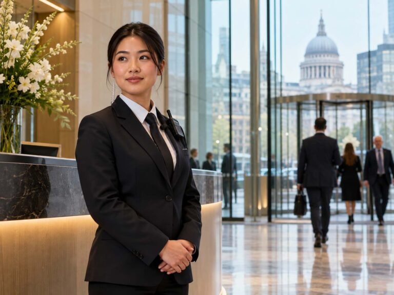 Professional security officer providing security inside a modern corporate office building in London
