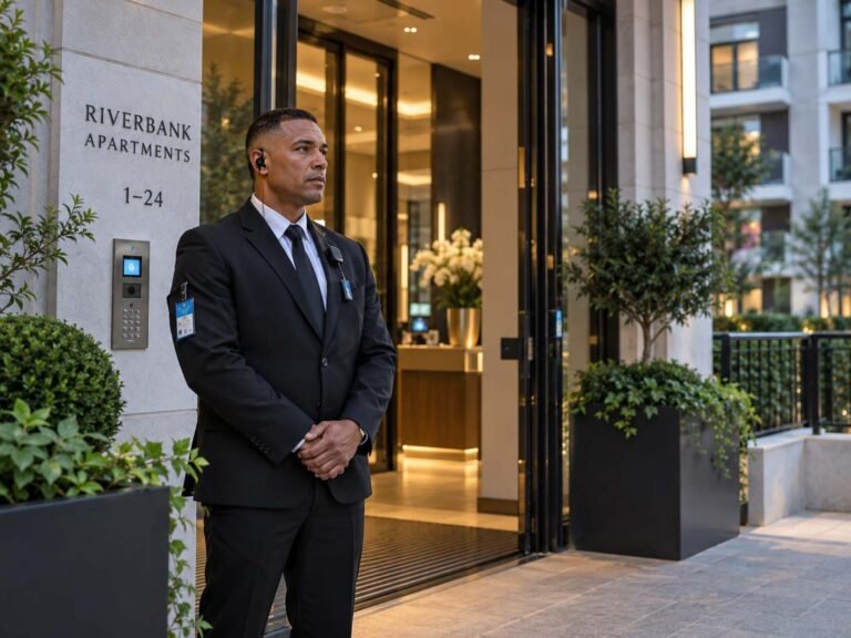 Professional door supervisor providing security at a modern residential development in London