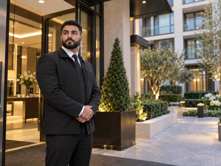 Professional security guard protecting a modern residential development in London