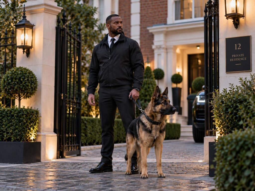 Black male security guard with a security dog outside a luxury private residence in London