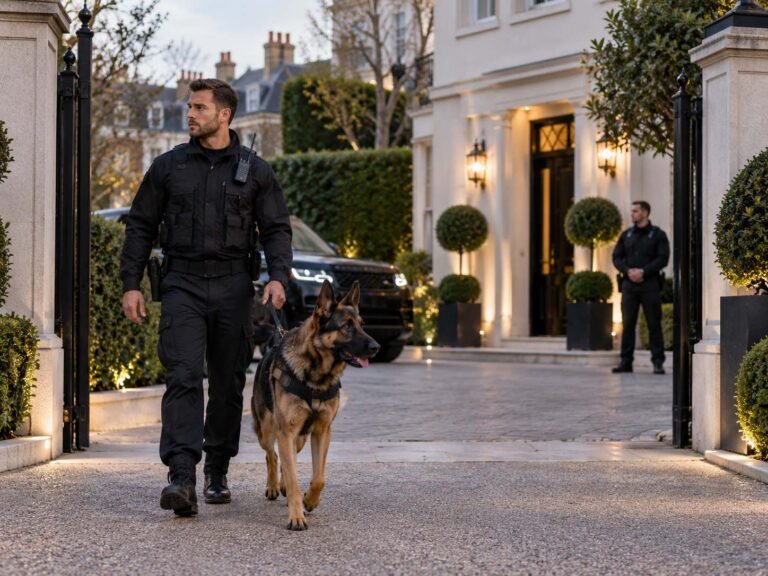 K9 security dog and handler patrolling a private residential property in London