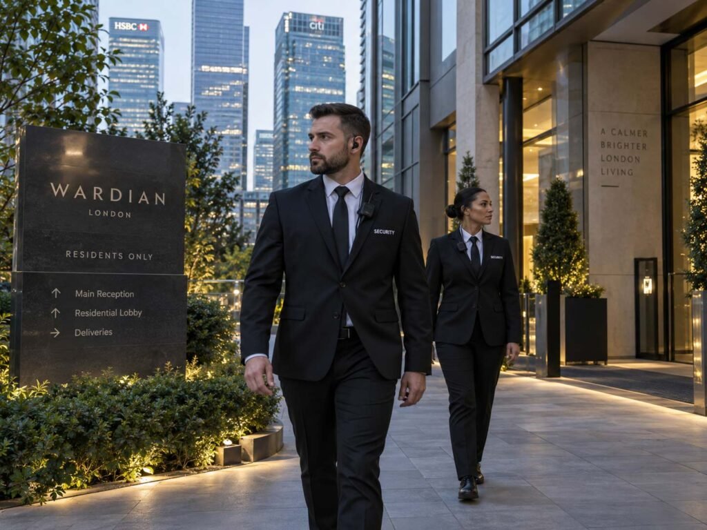 Residential security guards patrolling outside a luxury residential building in Canary Wharf, London