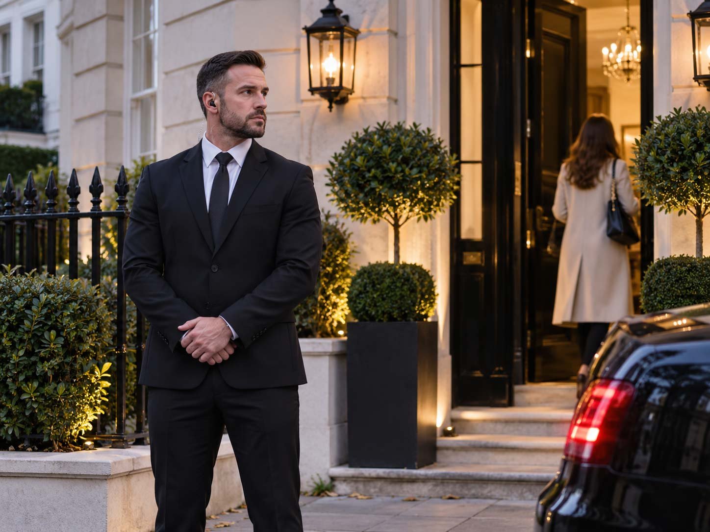 Professional residential security guard protecting a private home in London