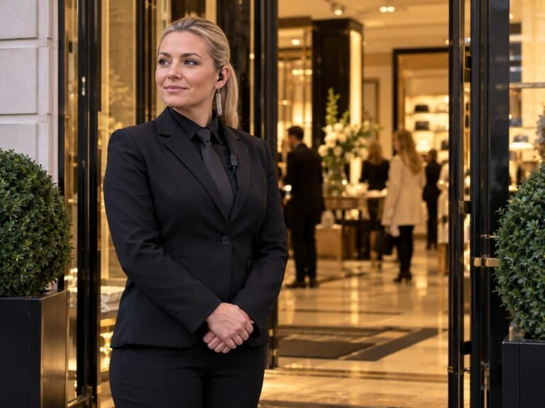 Professional security guard providing protection at a London retail and hospitality venue