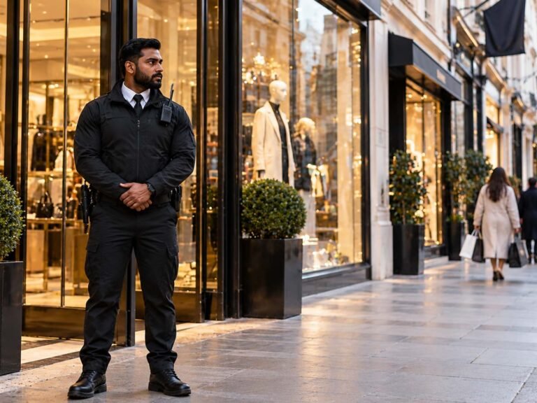 Professional security guard protecting a luxury retail premises in London