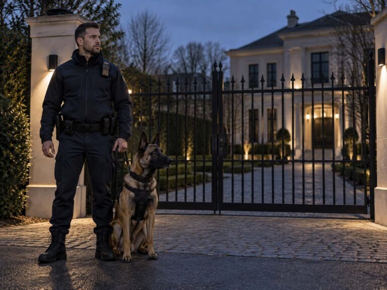 K9 security guard and security dog protecting a vacant private property in London