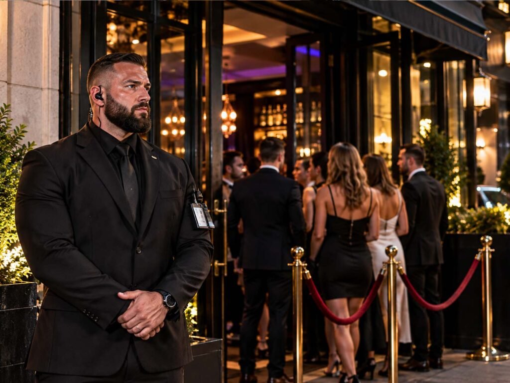Professional door supervisor providing venue entrance security at an upscale London hospitality venue