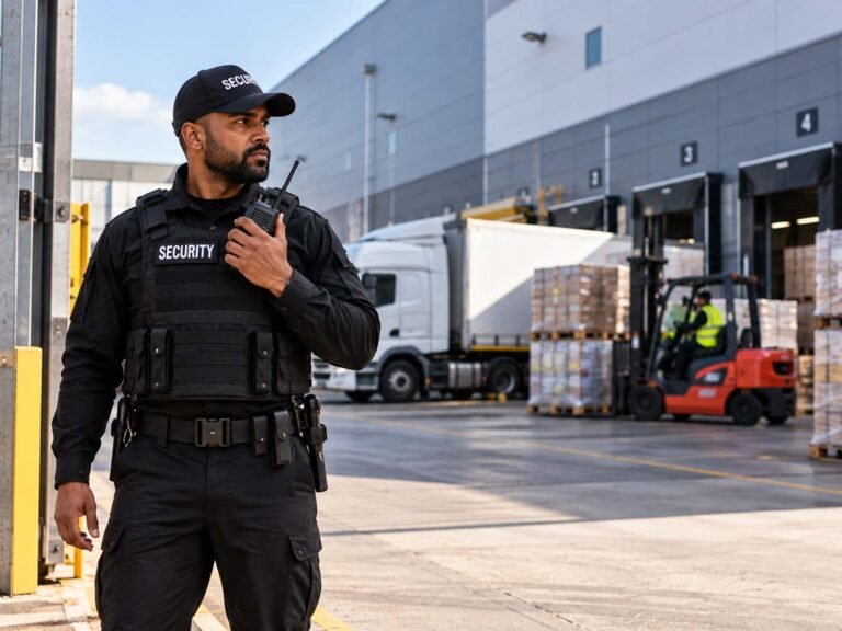 Professional security guard protecting a warehouse and logistics site in London
