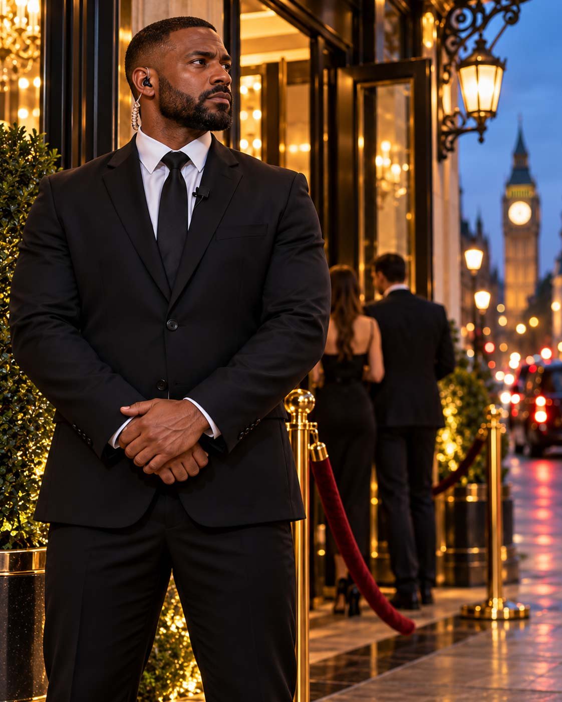 SIA security guarding London with a professional security guard outside a luxury venue in Central London